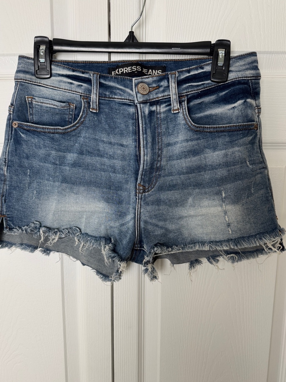 Express Distressed Frayed Hem Jean Shorts - Blue Wash